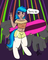 Size: 1609x2001 | Tagged: safe, artist:heretichesh, derpibooru import, oc, oc:dee, unofficial characters only, pony, satyr, background pony, belly button, clothes, female, midriff, offspring, parent:vinyl scratch, peace sign, rave, shorts, strobe lights, surfboard