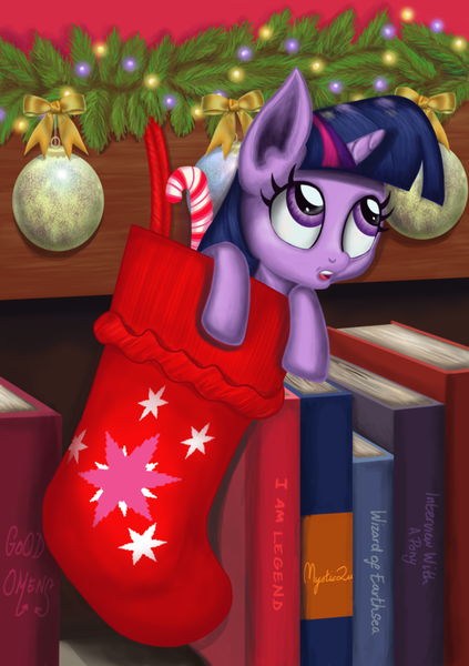 Size: 600x851 | Tagged: safe, artist:mystic2u, derpibooru import, twilight sparkle, pony, unicorn, book, christmas, christmas stocking, cute, female, holiday, mare, open mouth, shelf, solo, twiabetes, weapons-grade cute