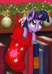 Size: 600x851 | Tagged: safe, artist:mystic2u, derpibooru import, twilight sparkle, pony, unicorn, book, christmas, christmas stocking, cute, female, holiday, mare, open mouth, shelf, solo, twiabetes, weapons-grade cute