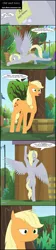 Size: 1024x4588 | Tagged: safe, artist:toxic-mario, derpibooru import, applejack, derpy hooves, pony, anatomically incorrect, barn, barrel, comic, cutie mark, dialogue, female, flag, flag pole, incorrect leg anatomy, signature, speech bubble, stretching, sweet apple acres, tree