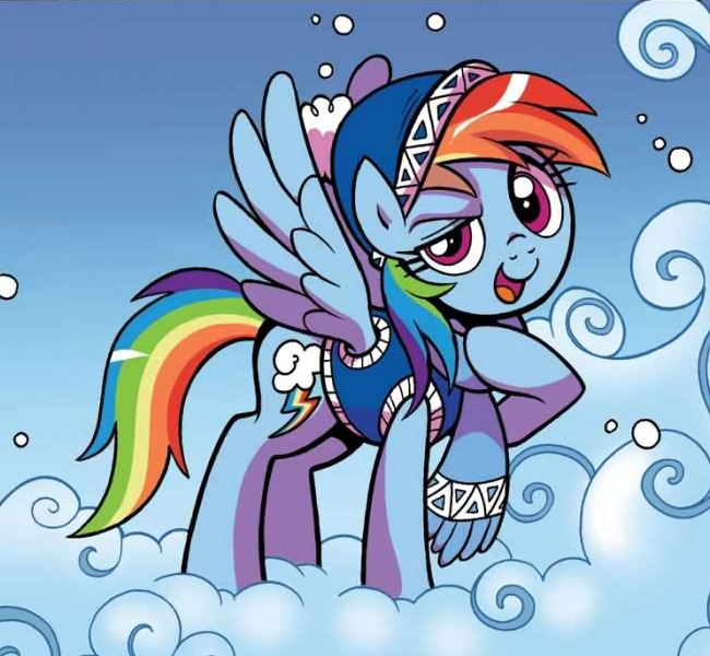 Size: 650x600 | Tagged: safe, derpibooru import, idw, rainbow dash, pegasus, pony, spoiler:comic, spoiler:comicholiday2017, clothes, cloud, female, hat, looking at you, mare, open mouth, scarf, smiling, snow, sweater, vest