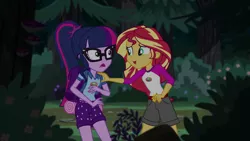 Size: 1280x720 | Tagged: safe, derpibooru import, screencap, sci-twi, sunset shimmer, twilight sparkle, equestria girls, legend of everfree, backpack, camp everfree outfits, clothes, glasses, open mouth, shorts
