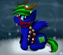 Size: 1500x1300 | Tagged: safe, artist:cloufy, derpibooru import, oc, oc:circuit breaker, unofficial characters only, pegasus, pony, antlers, bells, bridle, collar, cutie mark, harness, reindeer antlers, snow, solo, tack, tongue out, wings, winter, ych result