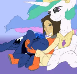 Size: 4098x3912 | Tagged: safe, artist:firefanatic, derpibooru import, princess celestia, princess luna, human, pony, :3, crossed legs, cuddling, cute, fluffy, freckles, human on pony snuggling, missing accessory, nuzzling, snuggling, unshorn fetlocks