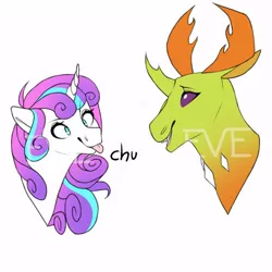 Size: 600x600 | Tagged: safe, artist:evoireen, derpibooru import, princess flurry heart, thorax, alicorn, changedling, changeling, cross-eyed, duo, female, flurrax, horn, king thorax, looking at each other, male, shipping, simple background, smiling, straight, tongue out, watermark