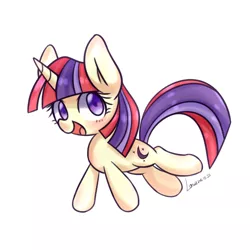 Size: 1000x1000 | Tagged: safe, artist:lan wu, derpibooru import, moondancer, pony, unicorn, cute, dancerbetes, female, filly, filly moondancer, open mouth, simple background, smiling, solo, white background, younger