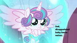 Size: 1280x720 | Tagged: safe, derpibooru import, edit, edited screencap, screencap, princess flurry heart, pony, season 6, the crystalling, about to cry, baby, baby pony, bubble, cloth diaper, cute, descriptive noise, diaper, diapered, diapered filly, female, filly, flurrybetes, foal, horse noises, light pink diaper, meme, sad, safety pin, solo, teary eyes