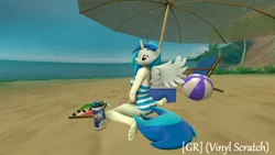 Size: 1920x1080 | Tagged: 3d, anthro, artist:gr-vinyl-scratch, ball, barefoot, beach, chair, clothes, derpibooru import, feet, looking at you, one-piece swimsuit, pizza box, plantigrade anthro, safe, soda, source filmmaker, swimsuit, umbrella, vinylcorn, vinyl scratch