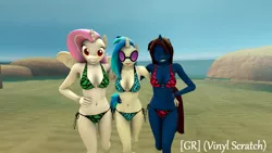 Size: 1920x1080 | Tagged: 3d, anthro, artist:gr-vinyl-scratch, beach, bikini, breasts, clothes, derpibooru import, looking at you, oc, oc:faded skylight, oc:masquerade, suggestive, swimsuit, vinyl scratch, water