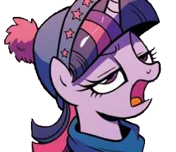 Size: 291x252 | Tagged: safe, artist:brendahickey, derpibooru import, edit, idw, twilight sparkle, twilight sparkle (alicorn), alicorn, pony, spoiler:comic, spoiler:comicholiday2017, background removed, bust, clothes, female, frown, glare, hat, lidded eyes, mare, open mouth, portrait, scarf, simple background, solo, transparent background