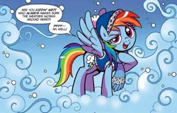 Size: 987x633 | Tagged: safe, artist:brendahickey, derpibooru import, idw, rainbow dash, pegasus, pony, spoiler:comic, spoiler:comicholiday2017, beanie, clothes, cloud, comic, female, hat, mare, open mouth, scarf, smiling, snow, solo, sweater, vest, winter outfit