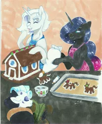 Size: 6920x8405 | Tagged: safe, artist:frozensoulpony, derpibooru import, oc, oc:iolite pie, oc:ollie, oc:pandora, unofficial characters only, earth pony, pony, unicorn, absurd file size, absurd resolution, apron, clothes, female, gingerbread house, gingerbread pony, icing bag, male, mare, offspring, parent:fleetfoot, parent:maud pie, parent:rare find, parent:svengallop, stallion, traditional art