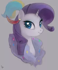 Size: 711x862 | Tagged: safe, artist:ehfa, derpibooru import, rarity, pony, unicorn, bust, ear piercing, earring, feather, feather boa, female, gray background, jewelry, looking at you, mare, piercing, plume, portrait, simple background, solo