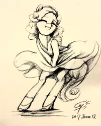 Size: 1843x2296 | Tagged: safe, artist:louislithium, derpibooru import, ponified, earth pony, pony, semi-anthro, bipedal, clothes, covering, dress, eyes closed, female, head turn, mare, marilyn monroe, monochrome, pony shoes, shoes, simple background, smiling, solo, the seven year itch, traditional art