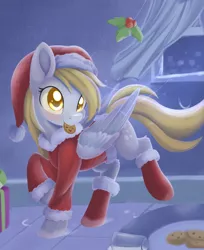 Size: 1200x1470 | Tagged: safe, artist:dusthiel, derpibooru import, derpy hooves, pegasus, pony, christmas, clothes, cookie, female, food, hat, holiday, holly, holly mistaken for mistletoe, mare, milk, mouth hold, santa hat, solo