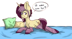 Size: 3937x2137 | Tagged: safe, artist:hellishprogrammer, derpibooru import, oc, oc:lannie lona, oc:lennie lono, unofficial characters only, pony, unicorn, beard, bed, clothes, facial hair, fuk, goatee, high res, lemme smash, male, pillow, prone, rule 63, sideburns, simple background, socks, solo, speech bubble, stallion, striped socks, transparent background, vulgar