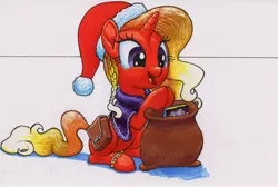 Size: 3433x2312 | Tagged: safe, artist:bbqninja501st, derpibooru import, firebrand, pony, unicorn, tails of equestria, anklet, bag, book, braid, christmas, cute, female, happy, hat, high res, holiday, mare, open mouth, saddle bag, santa hat, simple background, sitting, smiling, solo, traditional art, white background