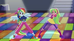 Size: 1912x1072 | Tagged: safe, derpibooru import, screencap, lemon zest, rainbow dash, dance magic, equestria girls, spoiler:eqg specials, backwards ballcap, baseball cap, boots, cap, clothes, converse, ear piercing, earring, female, hat, headphones, high heel boots, jewelry, piercing, ponied up, pose, rapper dash, shoes, skirt, sneakers