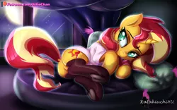 Size: 4000x2500 | Tagged: suggestive, artist:katakiuchi4u, derpibooru import, sunset shimmer, pony, unicorn, bed, clothes, curtains, cute, female, horn, mare, moon, night, patreon, patreon logo, pillow, shimmerbetes, side, sky, solo, solo female, stockings, thigh highs, winter