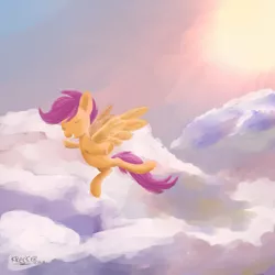 Size: 3000x3000 | Tagged: safe, artist:krecker-cream, derpibooru import, scootaloo, pony, cloud, eyes closed, female, filly, flying, high res, scootaloo can fly, sky, solo, spread wings, wings