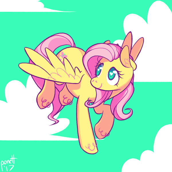 Size: 1280x1280 | Tagged: safe, artist:ponett, derpibooru import, fluttershy, pegasus, pony, cloud, cute, ear fluff, female, flying, head turn, heart, heart eyes, looking away, mare, shyabetes, smiling, solo, spread wings, wingding eyes, wings