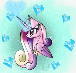 Size: 1417x1362 | Tagged: safe, artist:melonseed11, derpibooru import, princess cadance, alicorn, pony, bust, crystal heart, female, folded wings, magic, mare, portrait, profile, solo