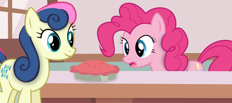 Size: 8185x3646 | Tagged: safe, artist:causenpc, derpibooru import, bon bon, pinkie pie, sweetie drops, earth pony, pony, female, food, high res, mare, open mouth, pie, vector