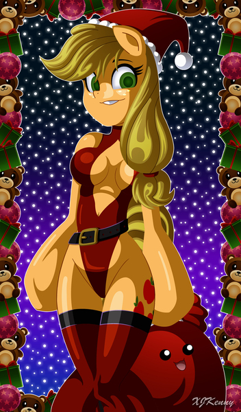 Size: 800x1365 | Tagged: suggestive, artist:xjkenny, derpibooru import, applejack, anthro, earth pony, unguligrade anthro, arm hooves, breasts, busty applejack, christmas, clothes, female, hat, holiday, leotard, mare, santa hat, smiling, snow, snowfall, solo, solo female
