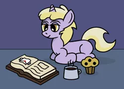 Size: 779x561 | Tagged: safe, artist:gogglesparks, derpibooru import, dinky hooves, pony, unicorn, book, female, filly, food, muffin, mug, ponyloaf, prone, reading, solo