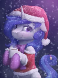Size: 960x1280 | Tagged: safe, artist:novaintellus, derpibooru import, oc, oc:melodia, unofficial characters only, unicorn, christmas, clothes, costume, female, floppy ears, hat, holiday, looking at you, mare, mug, santa costume, santa hat, smiling, snow, solo, sweater, winter