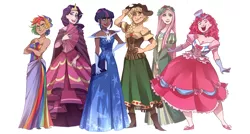 Size: 2200x1175 | Tagged: safe, artist:katarinacipcic, derpibooru import, applejack, fluttershy, pinkie pie, rainbow dash, rarity, twilight sparkle, human, alternate hairstyle, blackwashing, book, clothes, crossed arms, dark skin, diversity, dress, gala dress, hands together, humanized, image, mane six, open mouth, png, simple background, smiling, white background