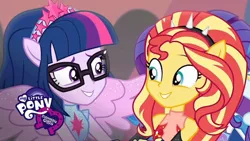 Size: 1280x720 | Tagged: safe, derpibooru import, screencap, rarity, sci-twi, sunset shimmer, twilight sparkle, equestria girls, equestria girls series, forgotten friendship, clothes, duo, equestria girls logo, glasses, looking at each other, ponied up, scitwilicorn, shipping fuel, smiling, wings