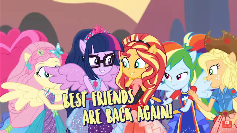 Size: 1366x768 | Tagged: safe, derpibooru import, screencap, applejack, fluttershy, pinkie pie, rainbow dash, rarity, sci-twi, sunset shimmer, twilight sparkle, twilight sparkle (alicorn), equestria girls, equestria girls series, forgotten friendship, happy, holding hands, humane five, humane seven, humane six, looking at each other, mane six, ponied up, scitwilicorn, shipping fuel, smiling