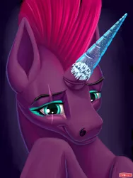 Size: 1440x1920 | Tagged: safe, artist:wwredgrave, derpibooru import, tempest shadow, pony, unicorn, my little pony: the movie, blushing, broken horn, cute, epoxy, eye scar, female, horn, makeup, mare, prosthetic horn, prosthetics, scar, simple background, smiling, solo, tempest gets her horn back