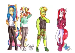 Size: 3107x2198 | Tagged: safe, artist:manny b.garcia, artist:mannybcadavera, derpibooru import, oc, oc:charmelie blackcherry, oc:grekk forest, oc:pavel, oc:sigvard, unofficial characters only, anthro, earth pony, pegasus, unicorn, anthro oc, long hair, metalhead, traditional art, watercolor painting