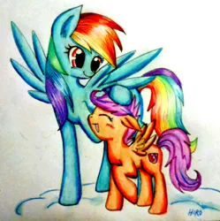 Size: 1436x1440 | Tagged: safe, artist:hiro-uzumaki, derpibooru import, rainbow dash, scootaloo, pegasus, pony, duo, eyes closed, female, filly, happy, mare, marker drawing, noogie, scootalove, simple background, traditional art, white background