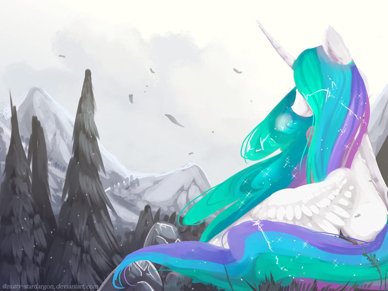 Size: 2800x2100 | Tagged: safe, artist:nutty-stardragon, derpibooru import, princess celestia, alicorn, pony, breath, female, forest, long mane, mare, mountain, scenery, snow, solo, spread wings, wings, winter