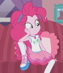Size: 770x896 | Tagged: safe, derpibooru import, screencap, pinkie pie, equestria girls, equestria girls series, pinkie sitting, clothes, cropped, cute, female, hairband, pantyhose, shoes, skirt, solo