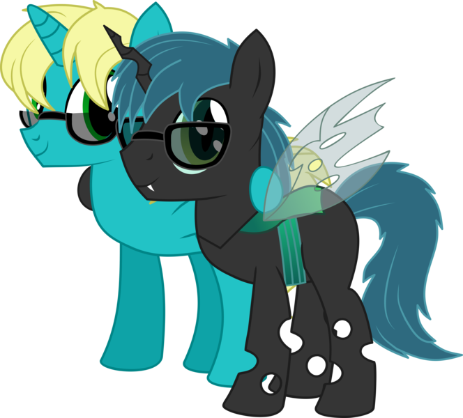 Size: 7122x6432 | Tagged: safe, artist:cyanlightning, derpibooru import, oc, oc:jb, oc:jinjo bytes, oc:stratamax, unofficial characters only, changeling, unicorn, 2018 community collab, derpibooru community collaboration, .svg available, absurd resolution, changeling oc, duo, glasses, looking at you, male, simple background, stallion, transparent background, vector
