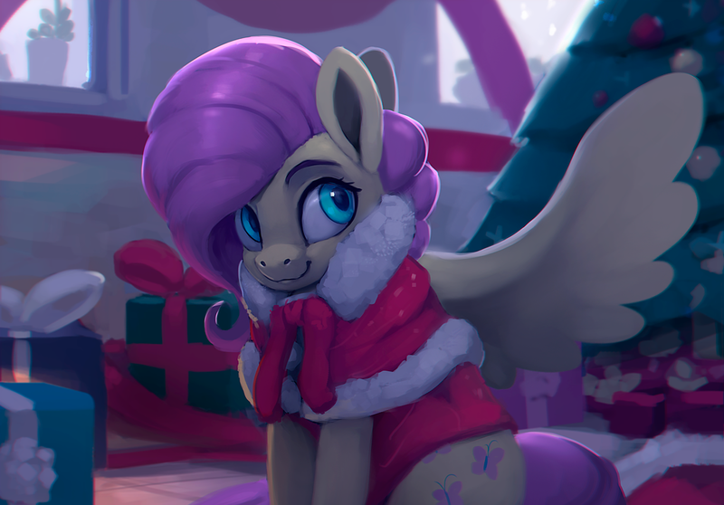 Size: 1100x767 | Tagged: safe, artist:rodrigues404, derpibooru import, fluttershy, pegasus, pony, christmas, christmas tree, clothes, costume, cute, female, holiday, house, looking sideways, mare, plant, present, shyabetes, sitting, smiling, solo, spread wings, tree, window, wings