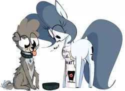 Size: 1905x1387 | Tagged: safe, artist:hattsy, derpibooru import, oc, oc:dogg, oc:hattsy, unofficial characters only, dog, earth pony, pony, apron, clothes, collar, dialogue, food bowl, looking down, tongue out