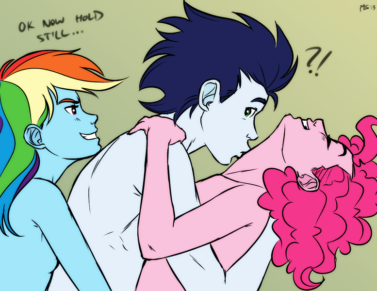 Size: 1280x989 | Tagged: questionable, artist:megasweet, color edit, colorist:ironhades, derpibooru import, edit, pinkie pie, rainbow dash, soarin', human, anal insertion, breasts, colored, delicious flat chest, exclamation point, female, group sex, humanized, imminent anal, imminent pegging, implied anal, implied sex, interrobang, male, nudity, pegging, penetration, pony coloring, question mark, shipping, soarin' gets all the mares, soarindash, soarinpie, straight, strapon, surprise buttsex, threesome