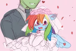 Size: 950x629 | Tagged: safe, artist:ende26, color edit, derpibooru import, edit, rainbow dash, oc, oc:anon, human, pony, blushing, bridal carry, clothes, colored, cute, dashabetes, dress, holding a pony, marriage, necktie, open mouth, rainbow dash always dresses in style, sketch, wedding dress