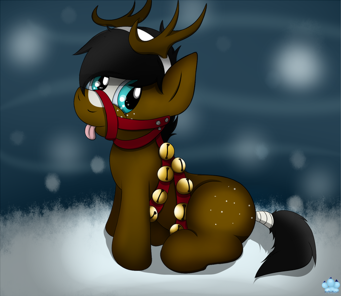 Size: 1500x1300 | Tagged: safe, artist:cloufy, derpibooru import, oc, unofficial characters only, earth pony, pony, antlers, bells, bridle, collar, freckles, harness, male, reindeer antlers, snow, solo, tack, tail wrap, tongue out, winter, ych result