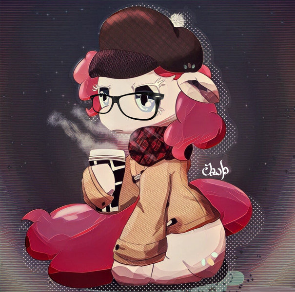 Size: 605x600 | Tagged: safe, artist:jawlo, derpibooru import, pinkie pie, pony, clothes, coffee, female, glasses, grabbing, hat, hipster, hoof hold, scarf, solo