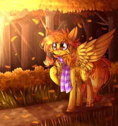 Size: 1873x2000 | Tagged: safe, artist:soundwavepie, derpibooru import, oc, oc:firetale, unofficial characters only, pegasus, pony, autumn, cheek fluff, chest fluff, clothes, crepuscular rays, falling leaves, female, forest, leaves, mare, scarf, solo, tree, wings