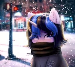 Size: 1000x897 | Tagged: safe, artist:wingell, derpibooru import, oc, oc:mirror image, unofficial characters only, unicorn, clothes, female, horn, jacket, mare, scarf, snow, snowfall, solo, street, traffic light, ych result