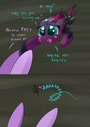 Size: 3507x4960 | Tagged: safe, artist:underpable, derpibooru import, tempest shadow, twilight sparkle, twilight sparkle (alicorn), alicorn, pony, unicorn, my little pony: the movie, 2 panel comic, bad end, blush sticker, blushing, broken horn, clothes, comic, crying, dialogue, dilated pupils, female, funny, mare, nani, offscreen character, open mouth, parody, scene parody, shrunken pupils, teary eyes, tempestbuse, underhoof, uniform