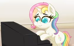 Size: 1447x900 | Tagged: safe, artist:luciusheart, derpibooru import, oc, oc:rainbow dream, unofficial characters only, pony, unicorn, cute, piano, recital, solo