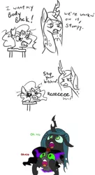Size: 663x1220 | Tagged: safe, artist:jargon scott, derpibooru import, king sombra, queen chrysalis, changeling, changeling queen, pony, unicorn, broken horn, bust, cute, cutealis, dark magic, dialogue, disembodied head, duo, female, floppy ears, headless, holding a pony, hoof hold, magic, male, modular, oh no, open mouth, reeee, simple background, sombra eyes, sombradorable, stallion, villain teamup, vulgar, white background